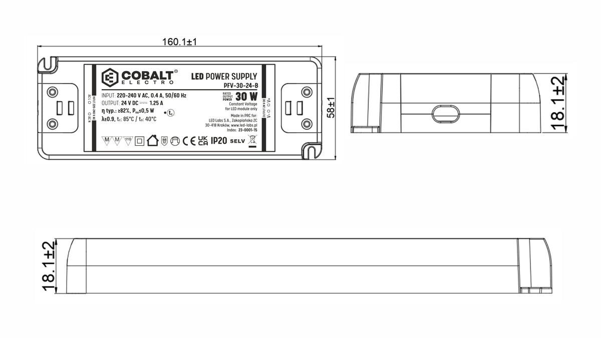 CobaltElectro LED-Netzteil 24V 30W IP20 – PFV B – technische Maßzeichnung