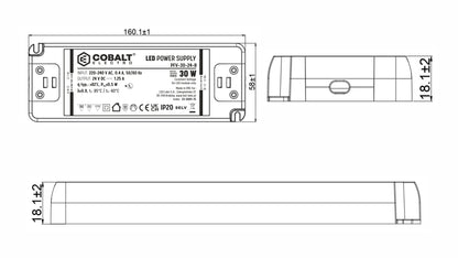 CobaltElectro LED-Netzteil 24V 30W IP20 – PFV B – technische Maßzeichnung