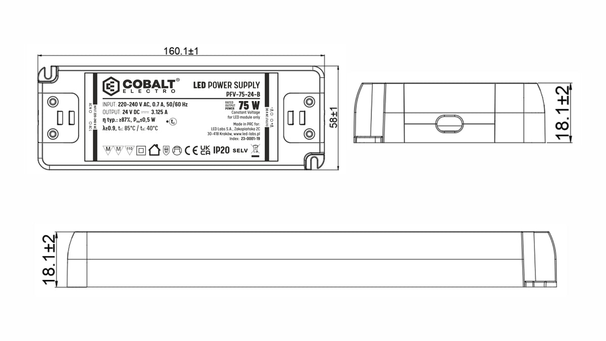 CobaltElectro LED-Netzteil 24V 75W IP20 – PFV B – technische Maßzeichnung