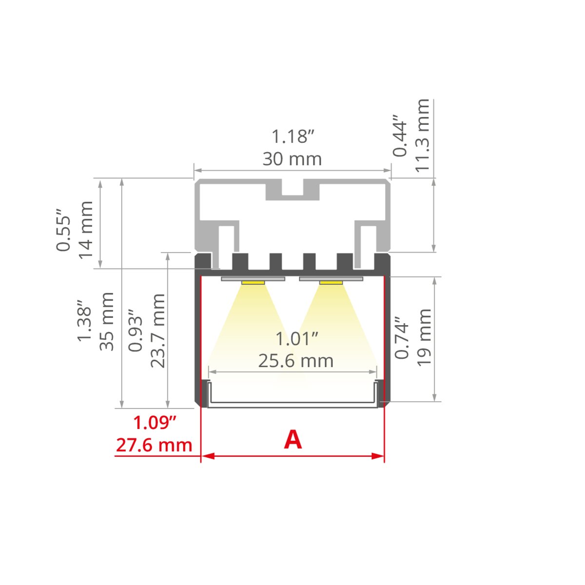 Profil 3035, silber eloxiert – technische Zeichnung / Maße