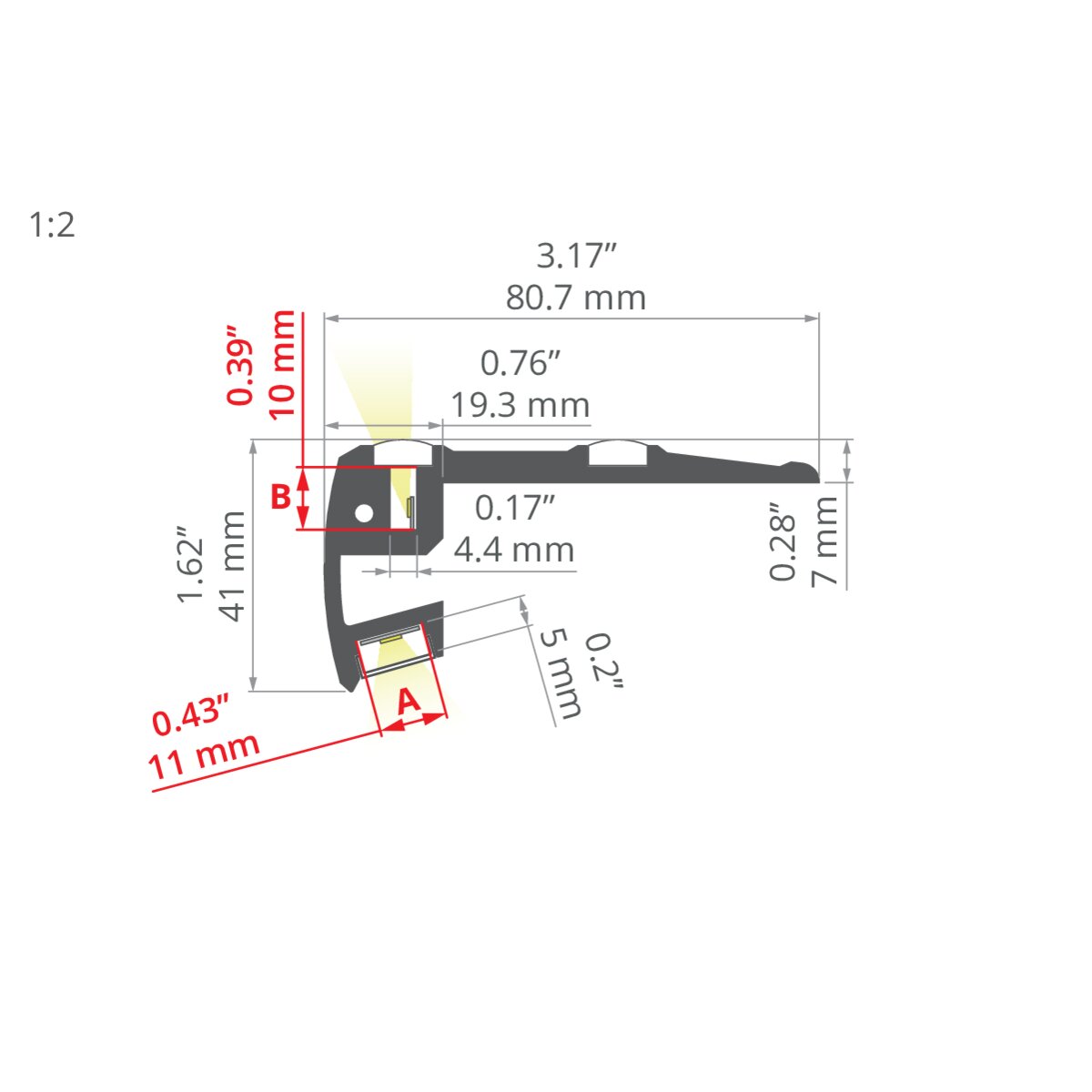 Profil STEP, silber eloxiert – technische Zeichnung / Maße