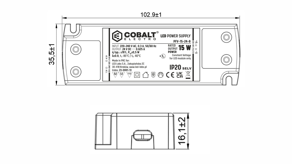 CobaltElectro LED-Netzteil 24V 15W IP20 – PFV B – technische Maßzeichnung