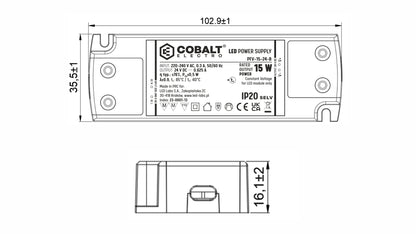 CobaltElectro LED-Netzteil 24V 15W IP20 – PFV B – technische Maßzeichnung