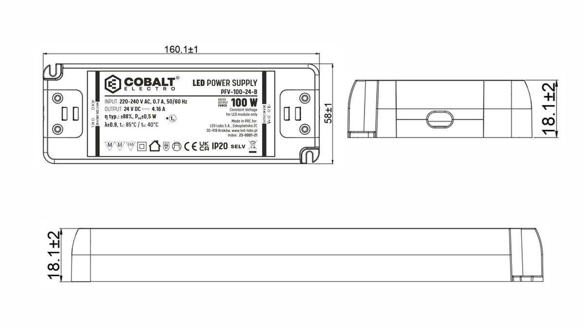 CobaltElectro LED-Netzteil 24V 100W IP20 – PFV B – technische Maßzeichnung