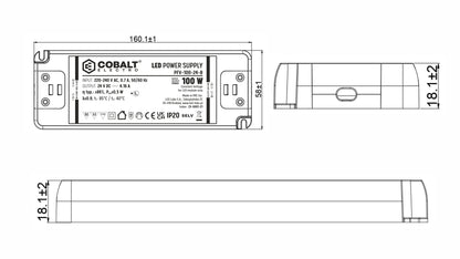 CobaltElectro LED-Netzteil 24V 100W IP20 – PFV B – technische Maßzeichnung