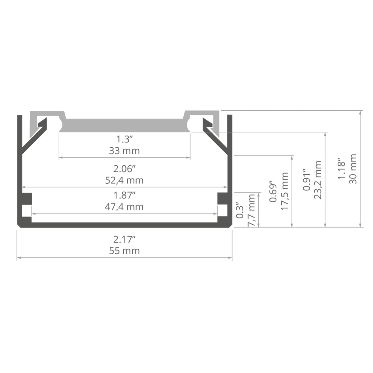 Profil BOX-M, lackiert, weiß – technische Zeichnung / Maße