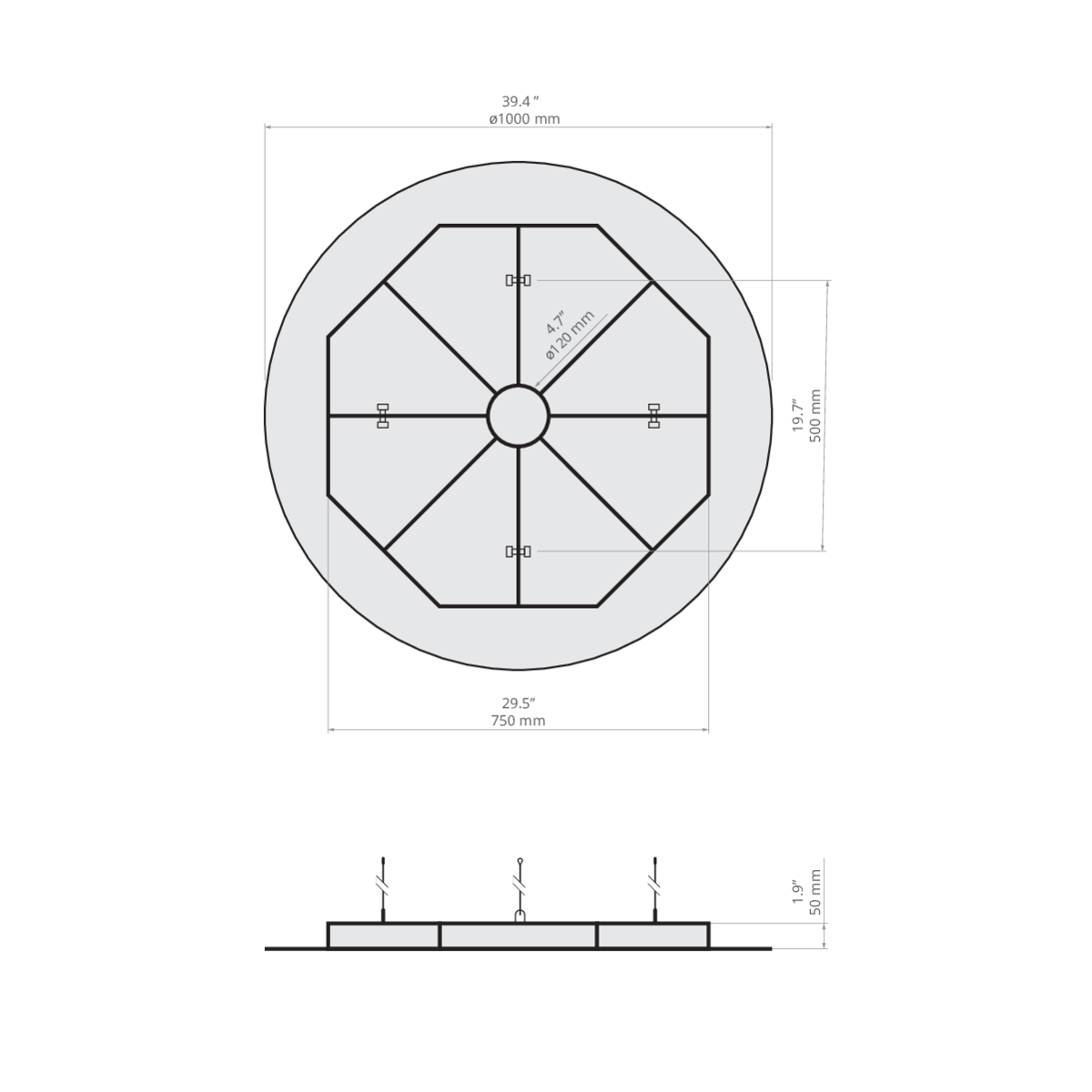 KLUŚ Aufhängungsbasis FI suspendiert – technische Zeichnung / Maße