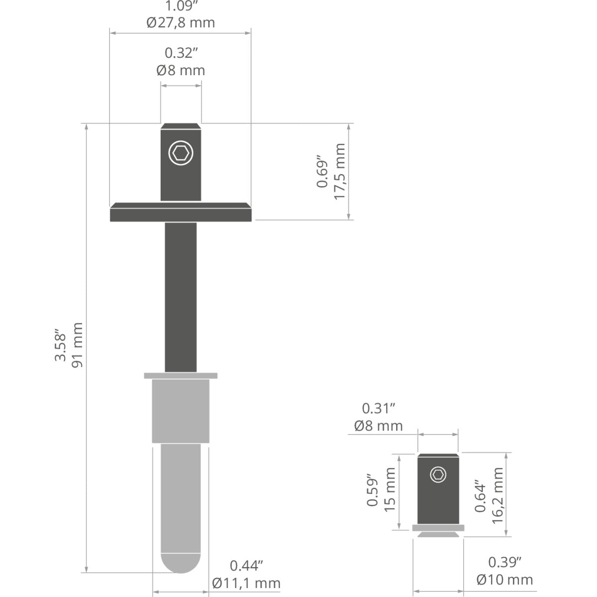 KLUŚ Befestigungsset FI-8-MR-1, weiß, rostfreier Stahl, Aluminium – technische Zeichnung / Maße