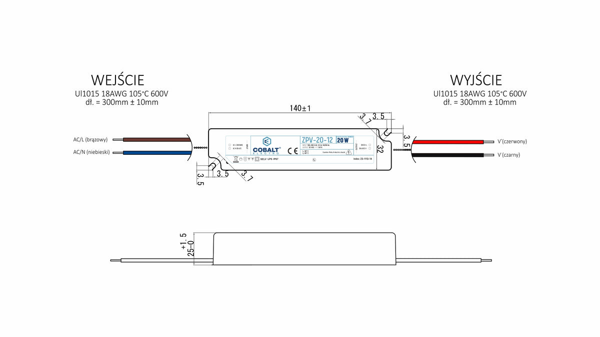 CobaltElectro ZPV 24V 20W IP67 – technische Maßzeichnung und Abmessungen