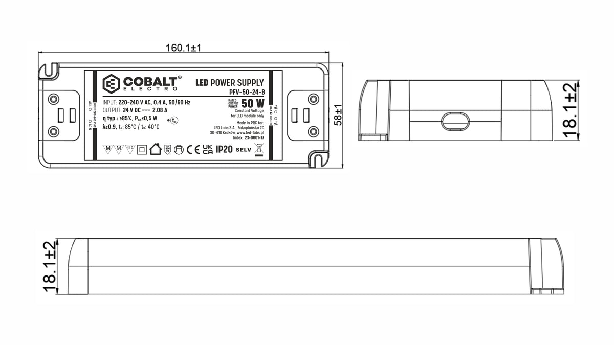 CobaltElectro LED-Netzteil 24V 50W IP20 – PFV B – technische Maßzeichnung