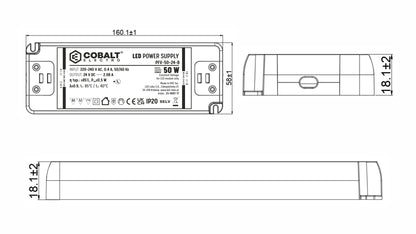 CobaltElectro LED-Netzteil 24V 50W IP20 – PFV B – technische Maßzeichnung